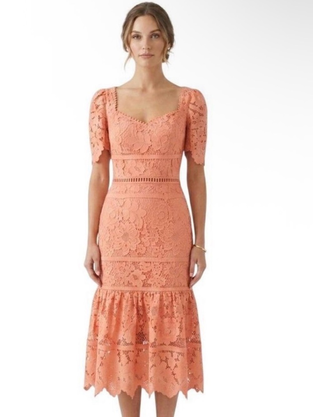 SAYLOR Coral Lace Midi Dress